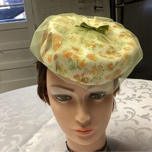 Unique Vintage Floral Beret with Green and Yellow Accents
